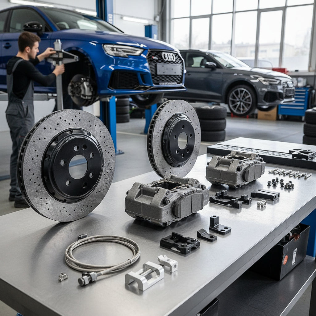 A close-up of an Audi RS3 8Y performance brake kit featuring carbon ceramic rotors and high-performance calipers