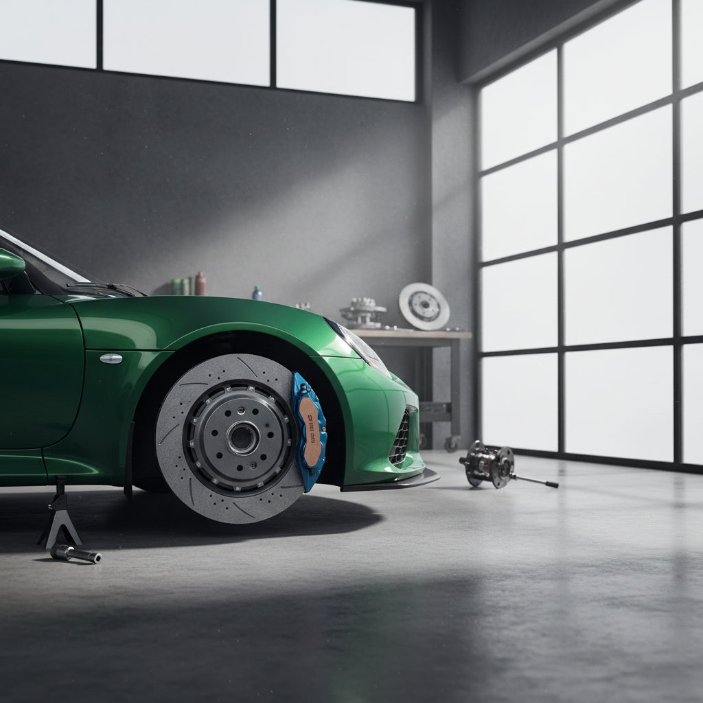 High-performance aftermarket carbon ceramic brake rotors and pads compatible with a Lotus Exige
