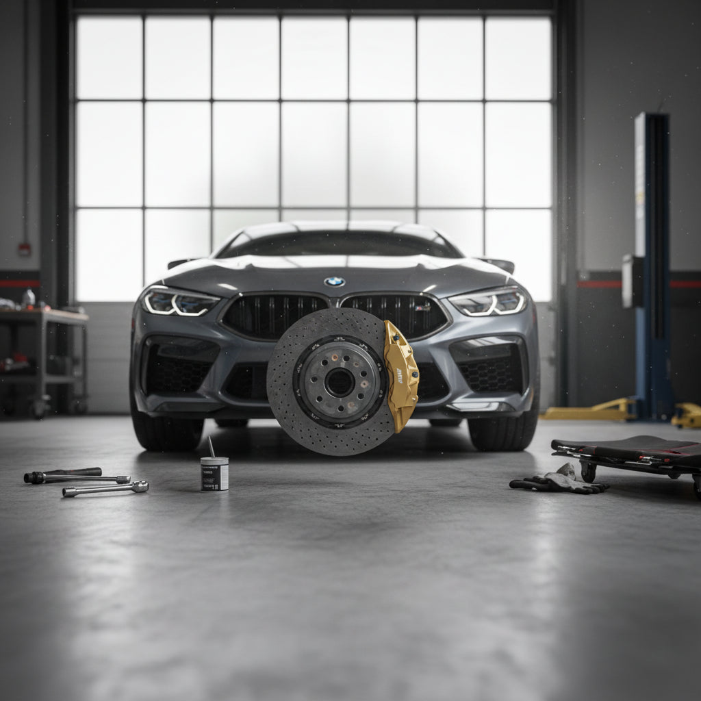A BMW M8 F92 featuring gold M Carbon Ceramic Brake calipers and cross-drilled ceramic rotors