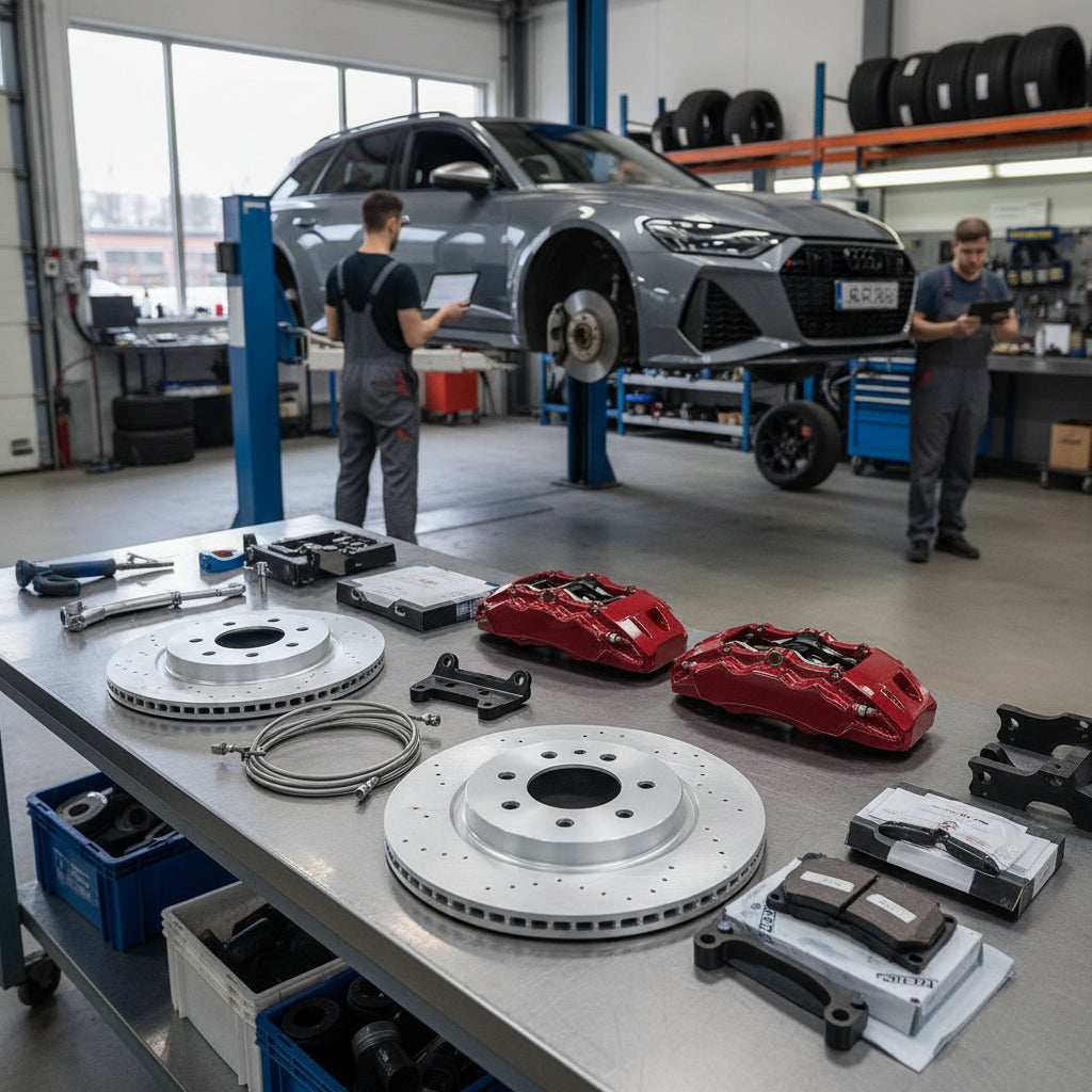 A high-performance Audi Big Brake Kit featuring large rotors and multi-piston calipers for the RS6
