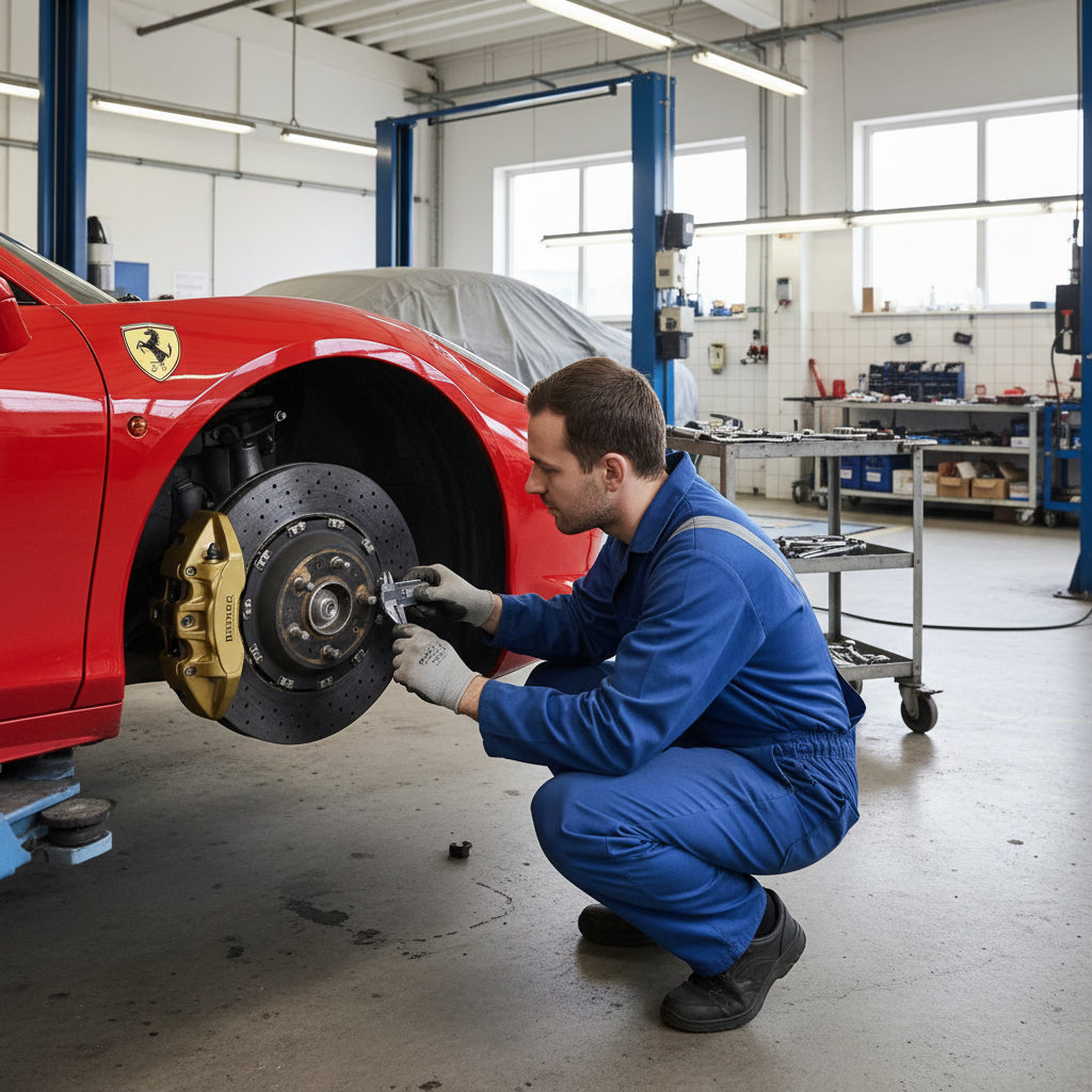 A close-up view of a Ferrari 458 carbon-ceramic brake disc and Brembo caliper during a maintenance inspection