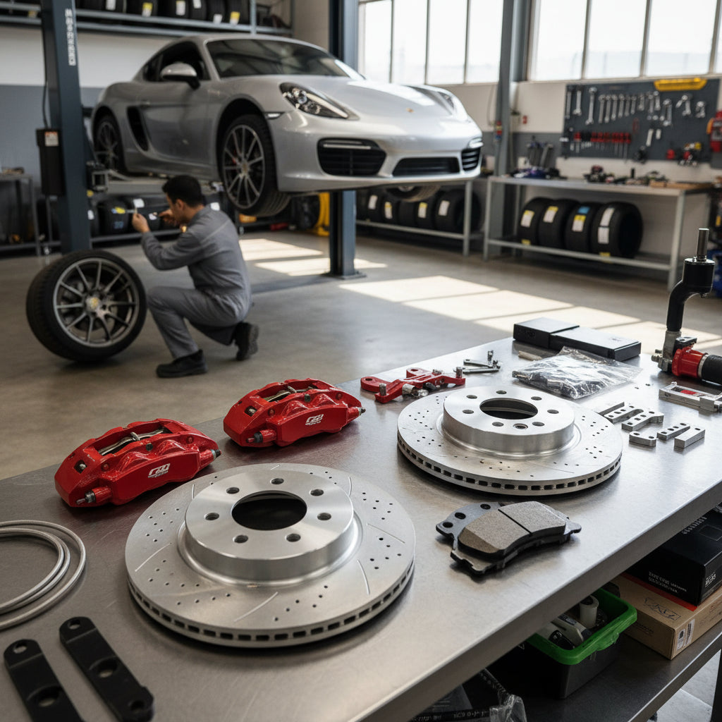 A high-performance Porsche Big Brake Kit featuring large carbon ceramic rotors and multi-piston calipers for maximum stopping