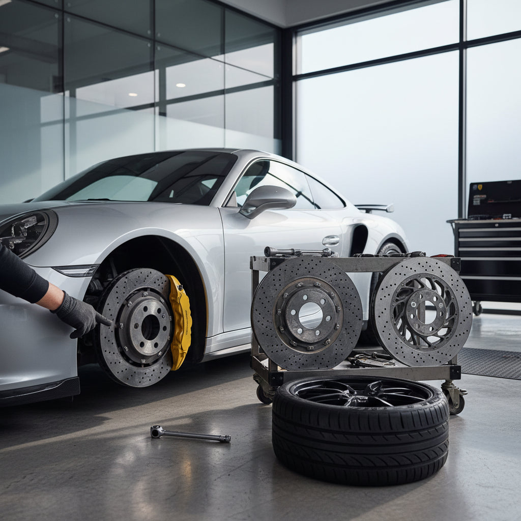 A detailed view of a Porsche PCCB rotor with its signature yellow caliper compared to other performance brake systems