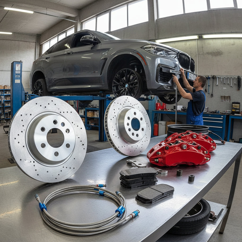 A high-performance BMW Big Brake Kit featuring large calipers and carbon ceramic rotors installed on a performance SUV