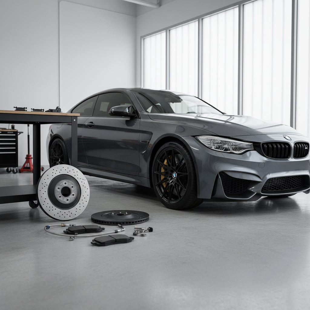 A close-up view of a gold-caliper carbon ceramic brake system on a BMW M-series performance sedan