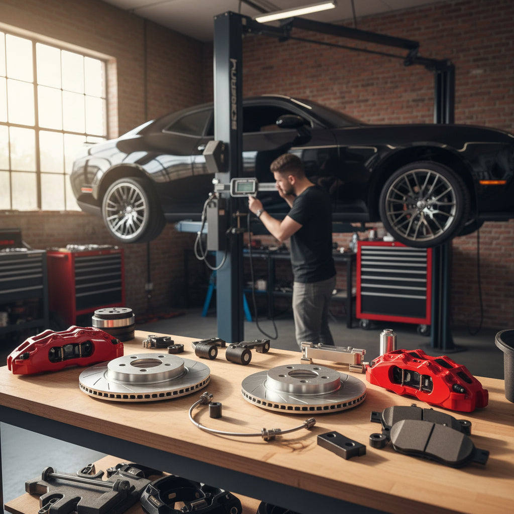 A high-performance Chevrolet Big Brake Kit featuring large multi-piston calipers and carbon ceramic rotors installed on a spo