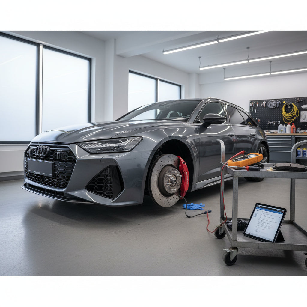 A detailed view of an Audi RS6 C8 high-performance braking system including the caliper and wear sensor wiring