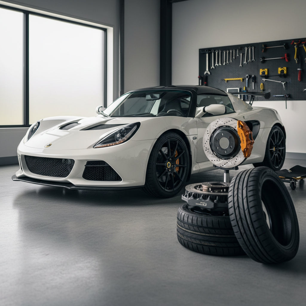 A close-up view of a high-performance braking system on a Lotus Exige lightweight sports car