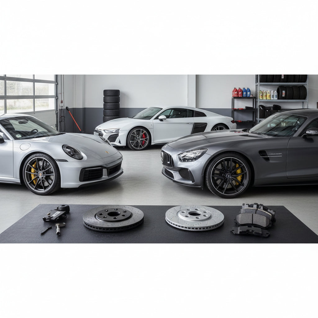A high-performance carbon ceramic brake rotor and caliper on a Porsche 911 sports car