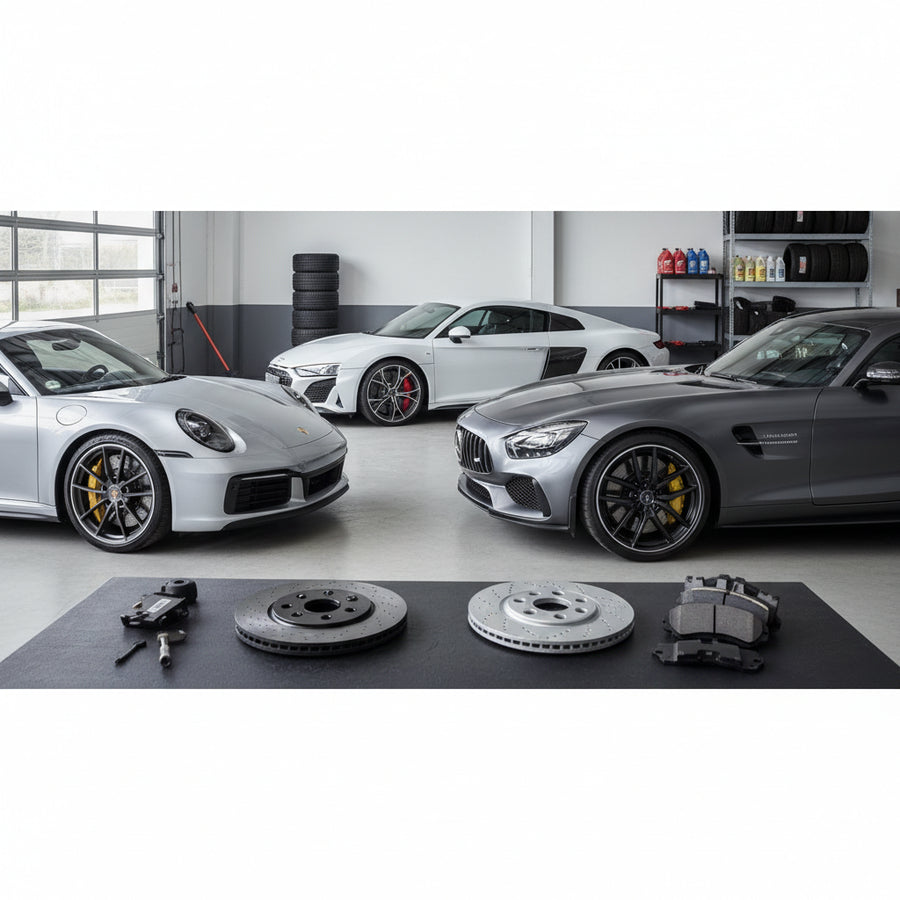 A high-performance carbon ceramic brake rotor and caliper on a Porsche 911 sports car