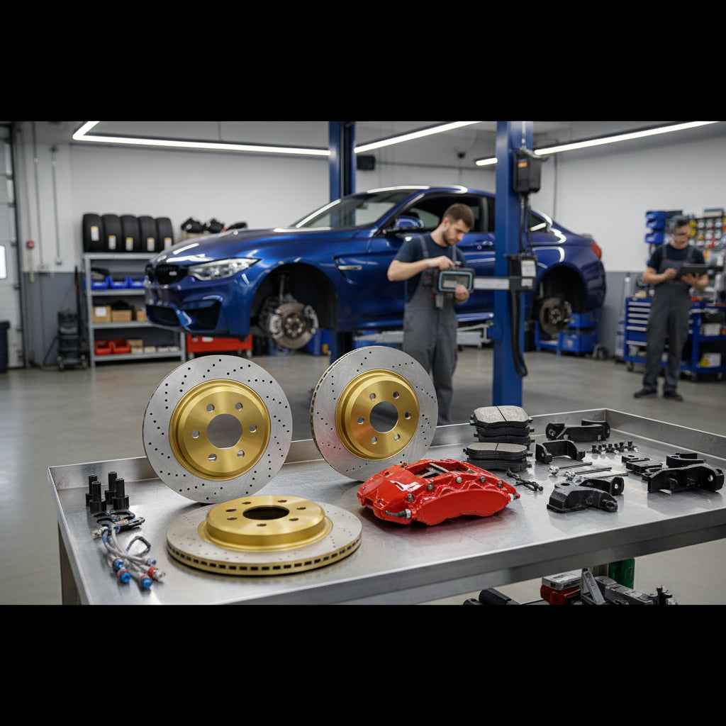 A high-performance Big Brake Kit featuring oversized rotors and multi-piston calipers installed on a BMW M-series vehicle