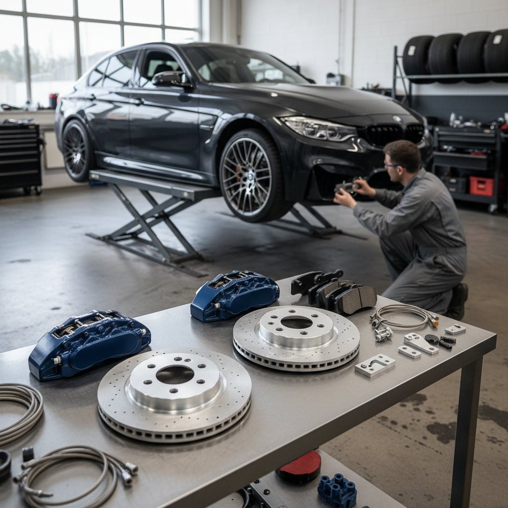 A high-performance BMW Big Brake Kit featuring carbon ceramic rotors and multi-piston calipers for track and street use