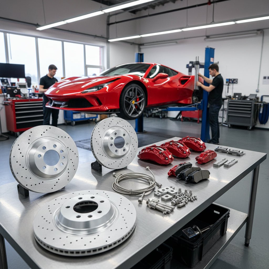 A high-performance Ferrari Big Brake Kit featuring carbon ceramic rotors and multi-piston calipers being measured for wheel c