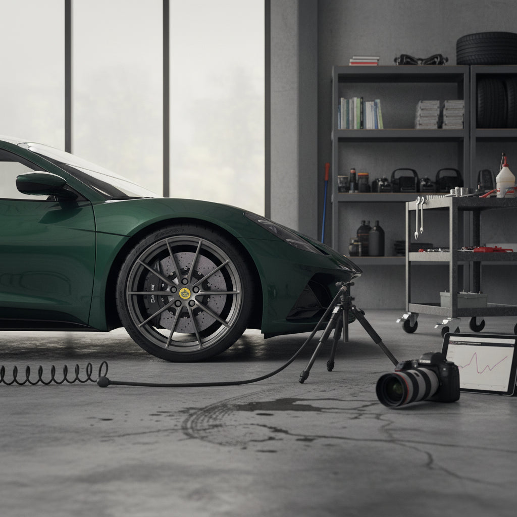 A high-performance Lotus Emira braking system featuring carbon ceramic rotors and performance calipers