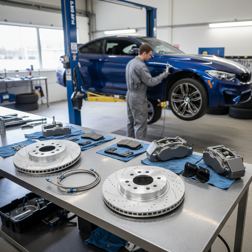 A high-performance Big Brake Kit featuring carbon ceramic rotors and multi-piston calipers installed on a BMW M series vehicl