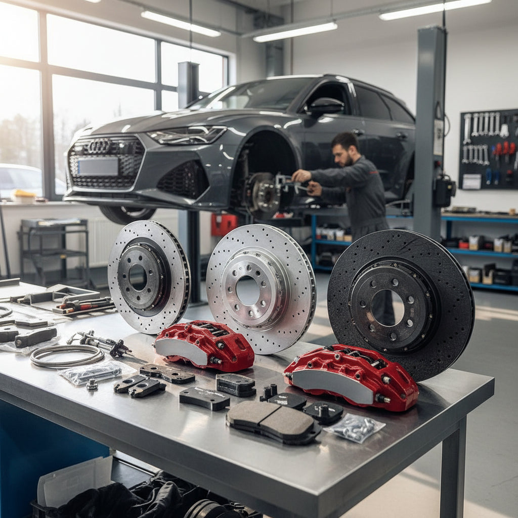A high-performance Audi Big Brake Kit featuring large multi-piston calipers and oversized rotors for an RS6