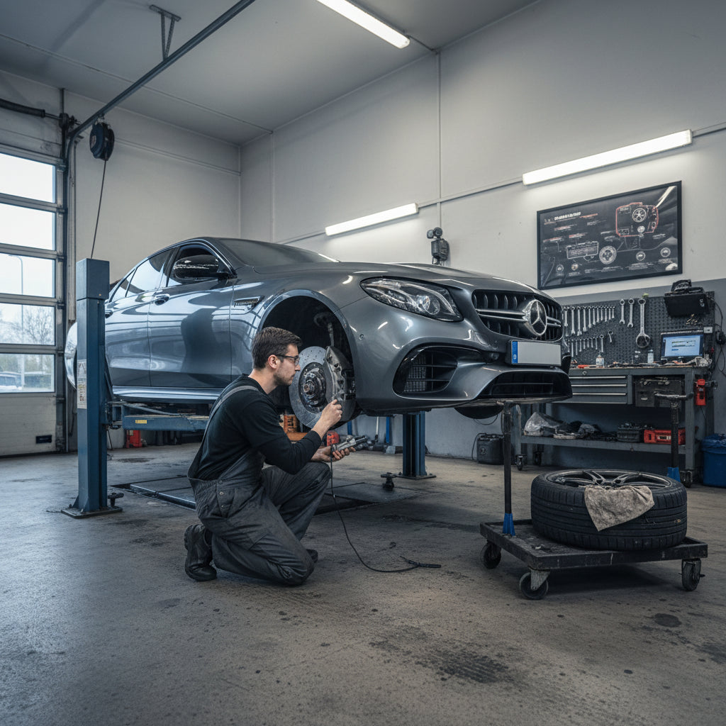 A 2018 Mercedes-AMG E63s showing the gold-painted calipers and carbon ceramic brake rotors behind the alloy wheels