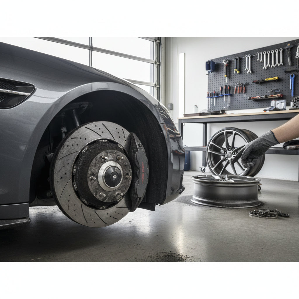 A close-up of a Mercedes-AMG gold brake caliper and carbon ceramic rotor showing surface texture and pad contact area