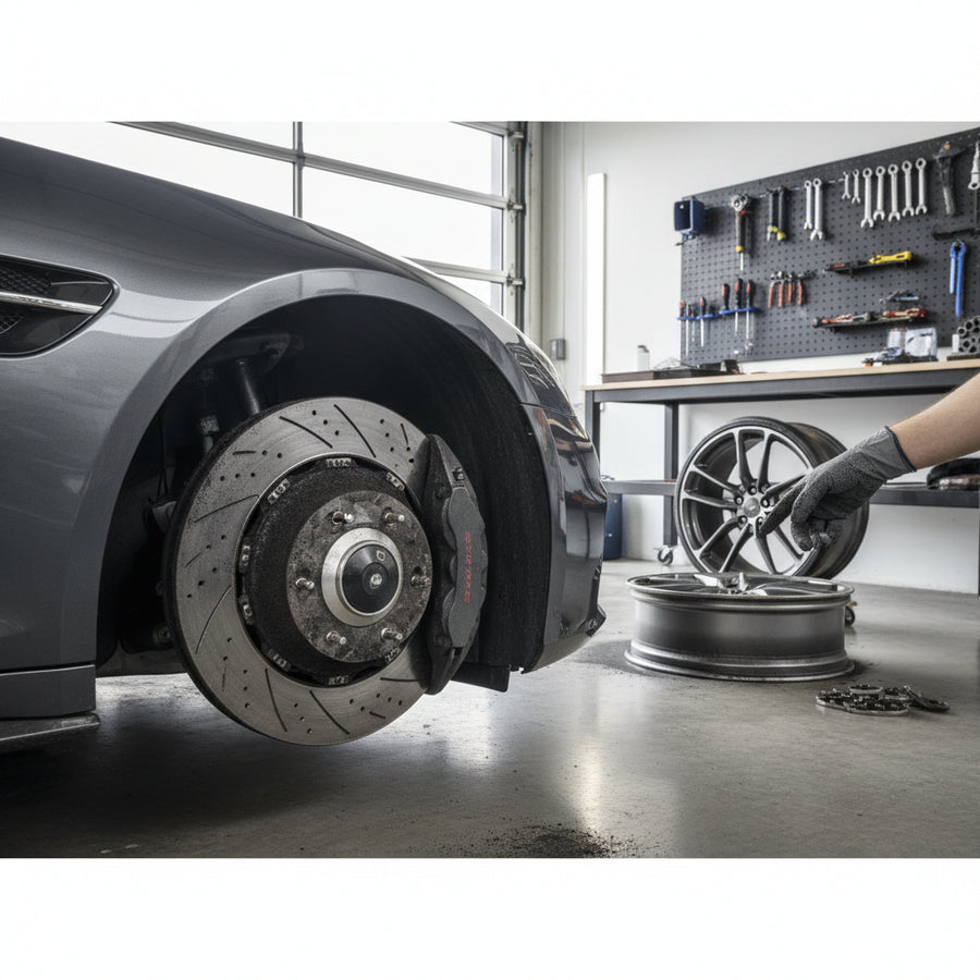 A close-up of a Mercedes-AMG gold brake caliper and carbon ceramic rotor showing surface texture and pad contact area