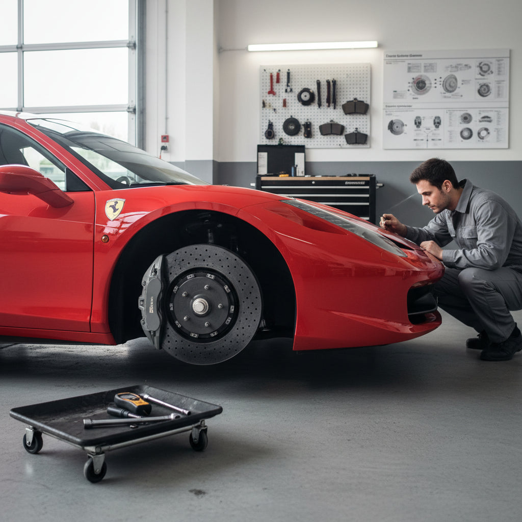 A close-up view of a Ferrari 458 Italia wheel assembly featuring a carbon-ceramic brake rotor and yellow Brembo caliper