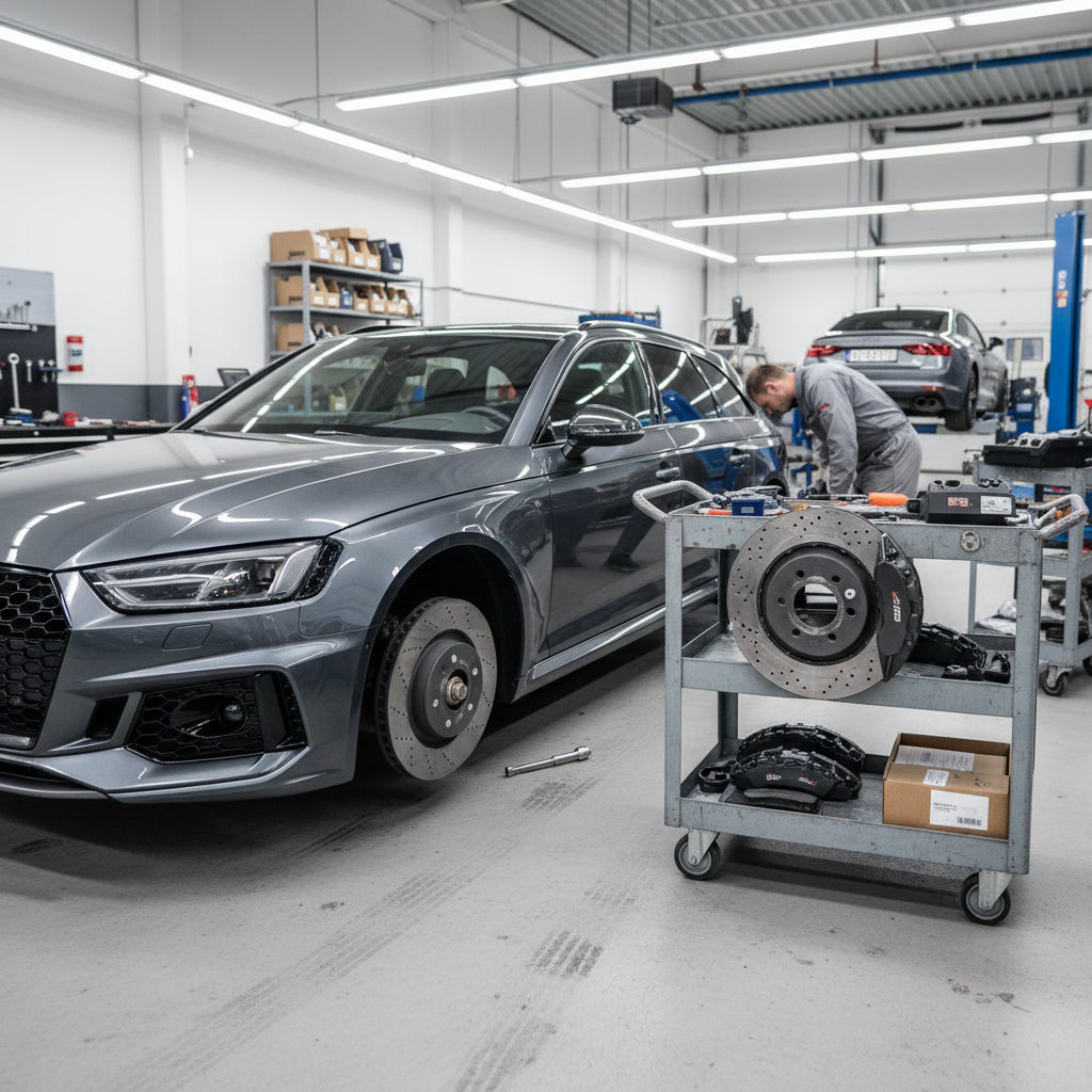 A high-performance Audi RS5 B9 front wheel assembly featuring 400mm carbon ceramic brake rotors and 6-piston calipers