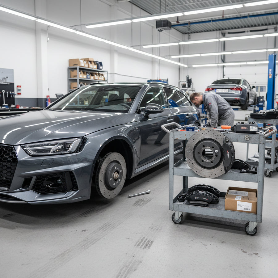 A high-performance Audi RS5 B9 front wheel assembly featuring 400mm carbon ceramic brake rotors and 6-piston calipers