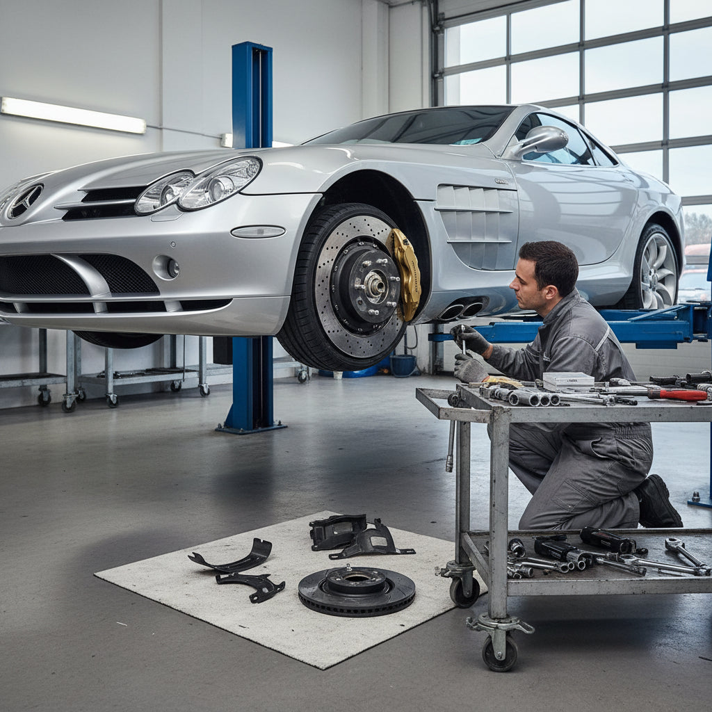 A high-performance rear carbon ceramic brake rotor and caliper assembly on a silver Mercedes SLR McLaren