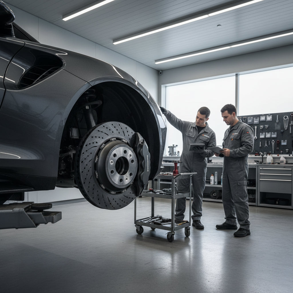 A high-performance carbon ceramic brake rotor designed for Lotus sports cars, highlighting the lightweight disc and mounting