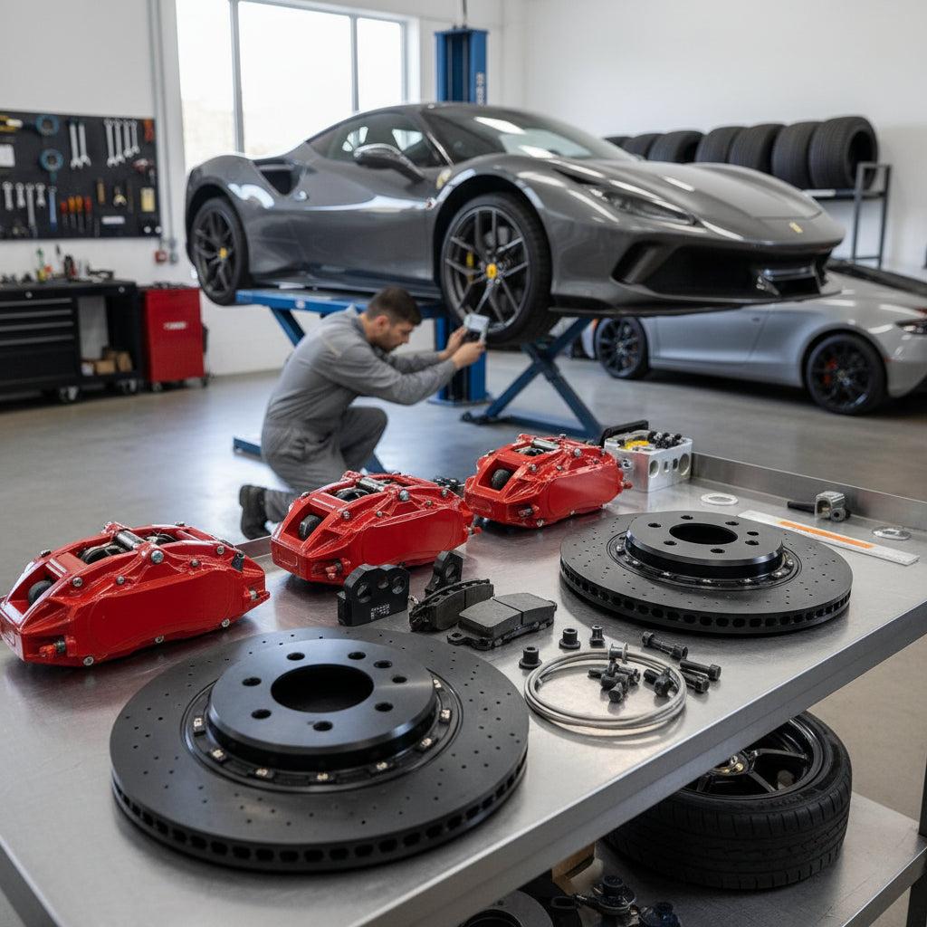 High-performance Ferrari Big Brake Kit assembly featuring carbon ceramic rotors and multi-piston calipers for track use