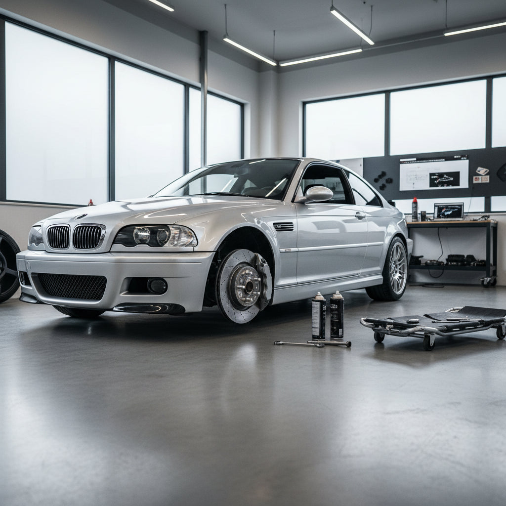 BMW E46 M3 brake rotor with visible pad glazing causing low-frequency humming noise during rolling