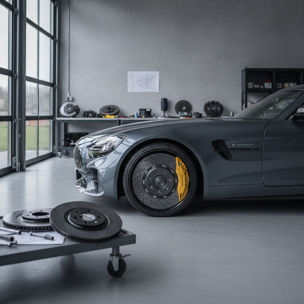 A close-up of a Mercedes-AMG carbon ceramic brake rotor and signature gold caliper on a performance sedan