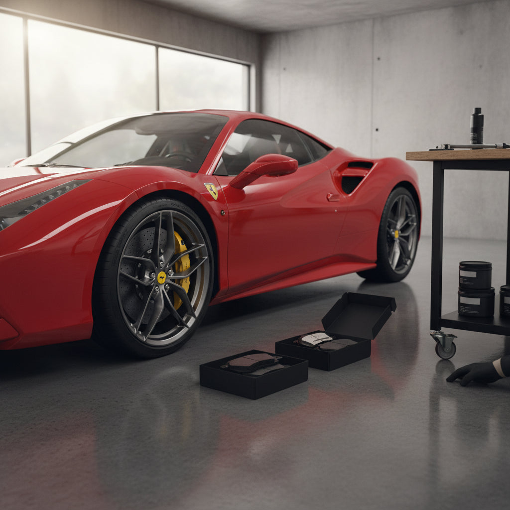 A detailed view of a Ferrari 488 carbon ceramic brake system showing the caliper and high-performance brake pads