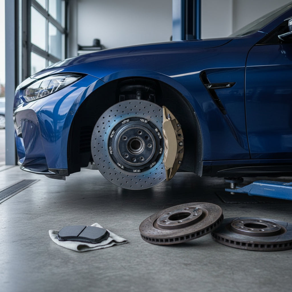 A detailed view of the gold-painted multi-piston calipers and 420mm carbon ceramic brake rotors on a newest generation BMW M5