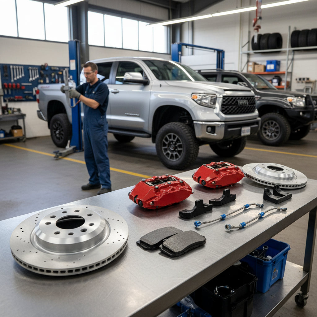 A high-performance Toyota Big Brake Kit featuring oversized rotors and multi-piston calipers for a Land Cruiser or Tundra