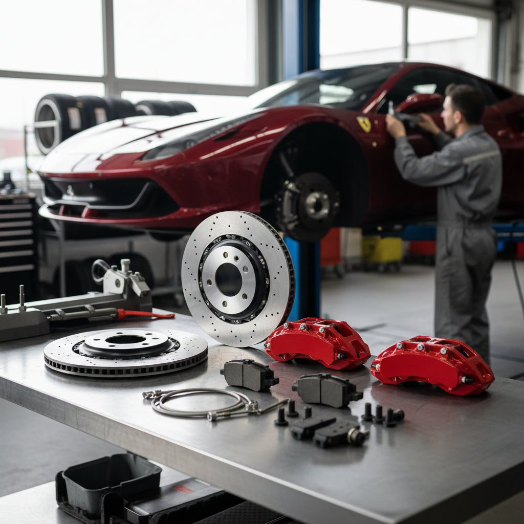A high-performance Ferrari Big Brake Kit featuring carbon ceramic rotors and multi-piston calipers for track and street use