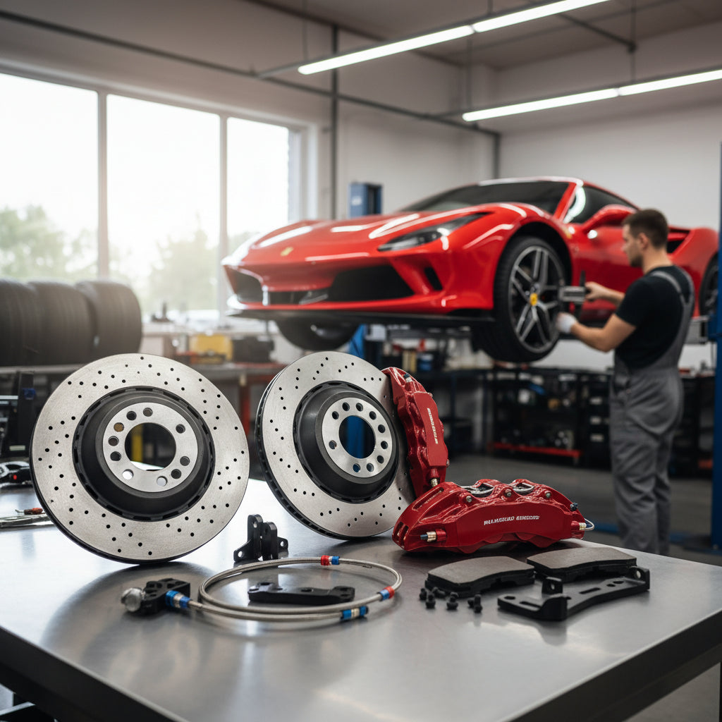 A high-performance Ferrari Big Brake Kit featuring carbon ceramic rotors and multi-piston calipers for track and street use