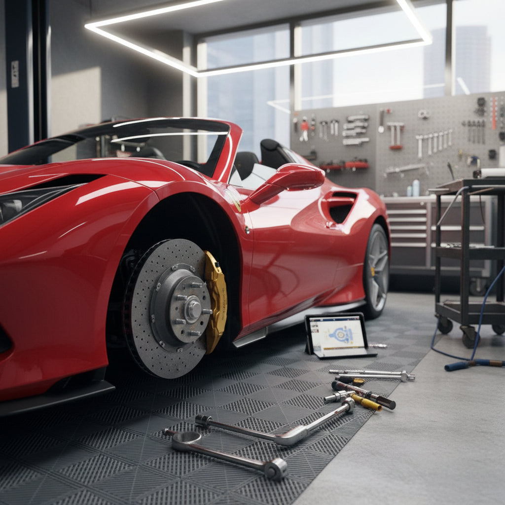 A close-up of the carbon ceramic brake system on a Ferrari F8 Spider highlighting the rotor and pad interface