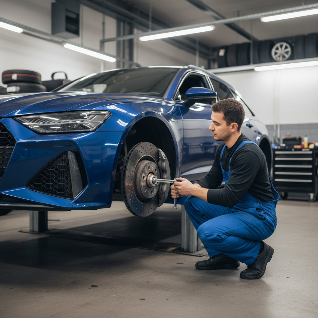 A detailed view of the 440mm carbon ceramic brake rotor and massive calipers on an Audi RS6 C8 Avant