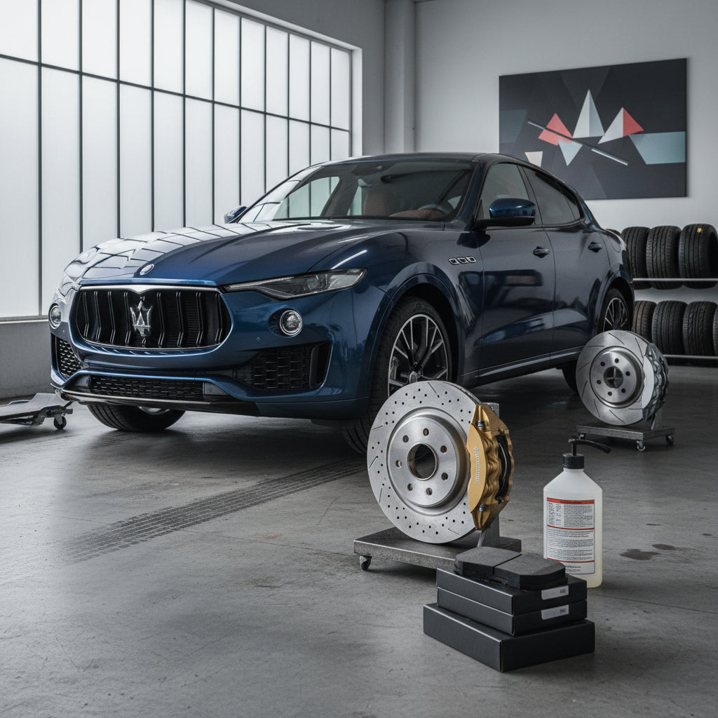 A close-up view of a Maserati Levante performance braking system featuring multi-piston calipers and ventilated rotors