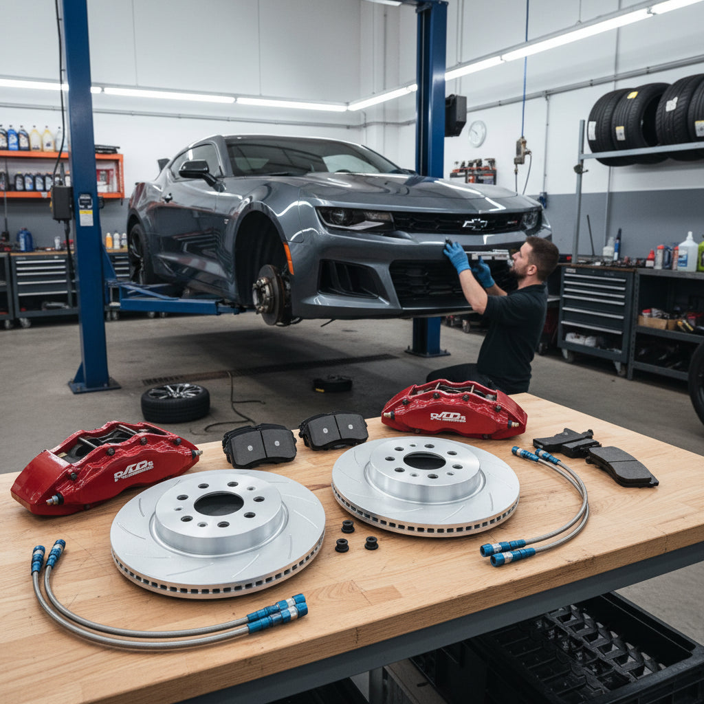 A high-performance Chevrolet Big Brake Kit featuring large rotors and multi-piston calipers installed on a Corvette