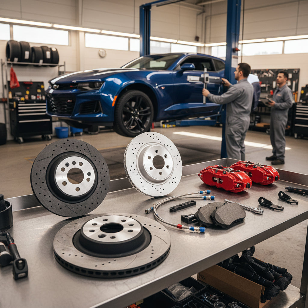 A high-performance Chevrolet Big Brake Kit featuring oversized calipers and carbon ceramic rotors for improved stopping power