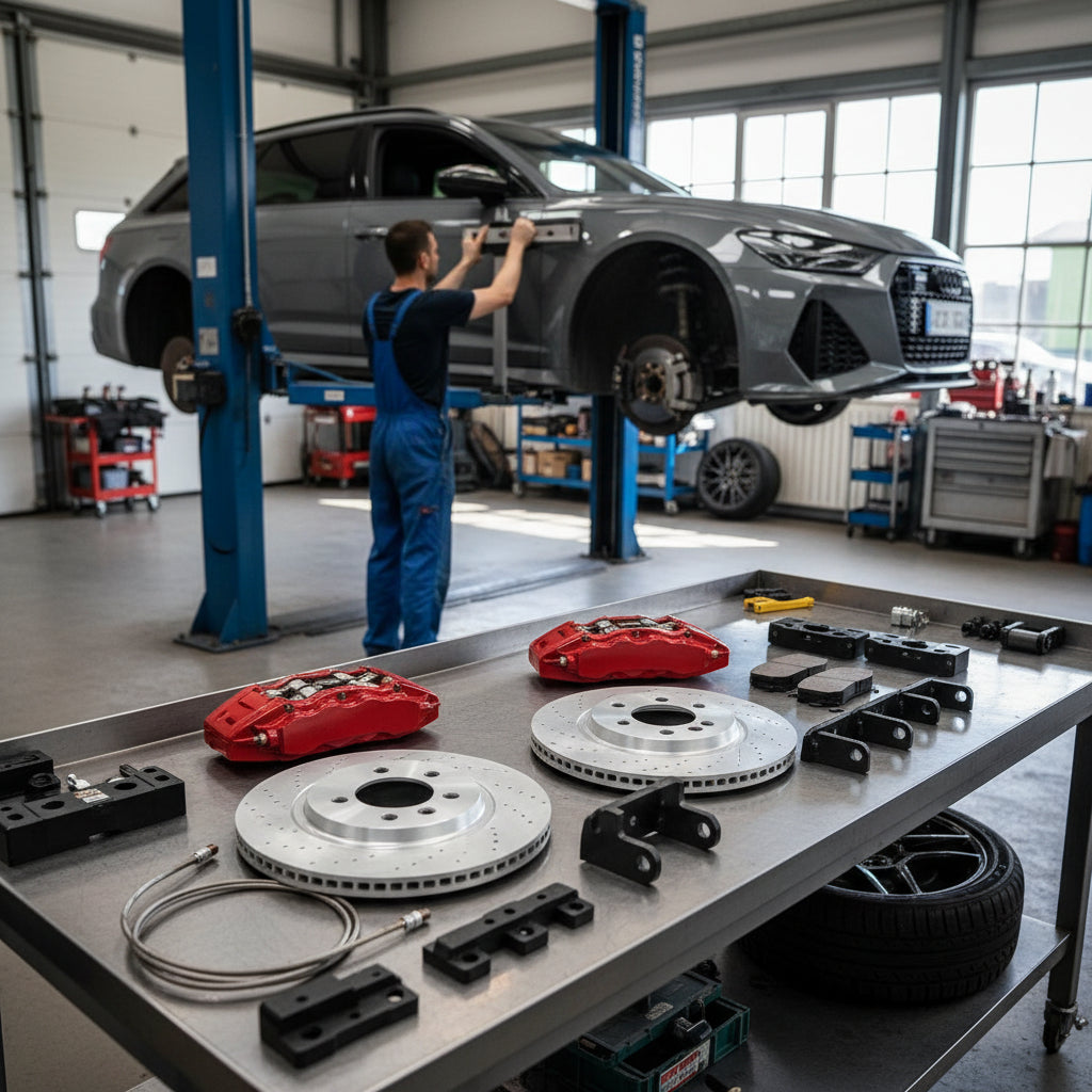 A high-performance Audi Big Brake Kit featuring oversized calipers and rotors installed on an RS6 Avant