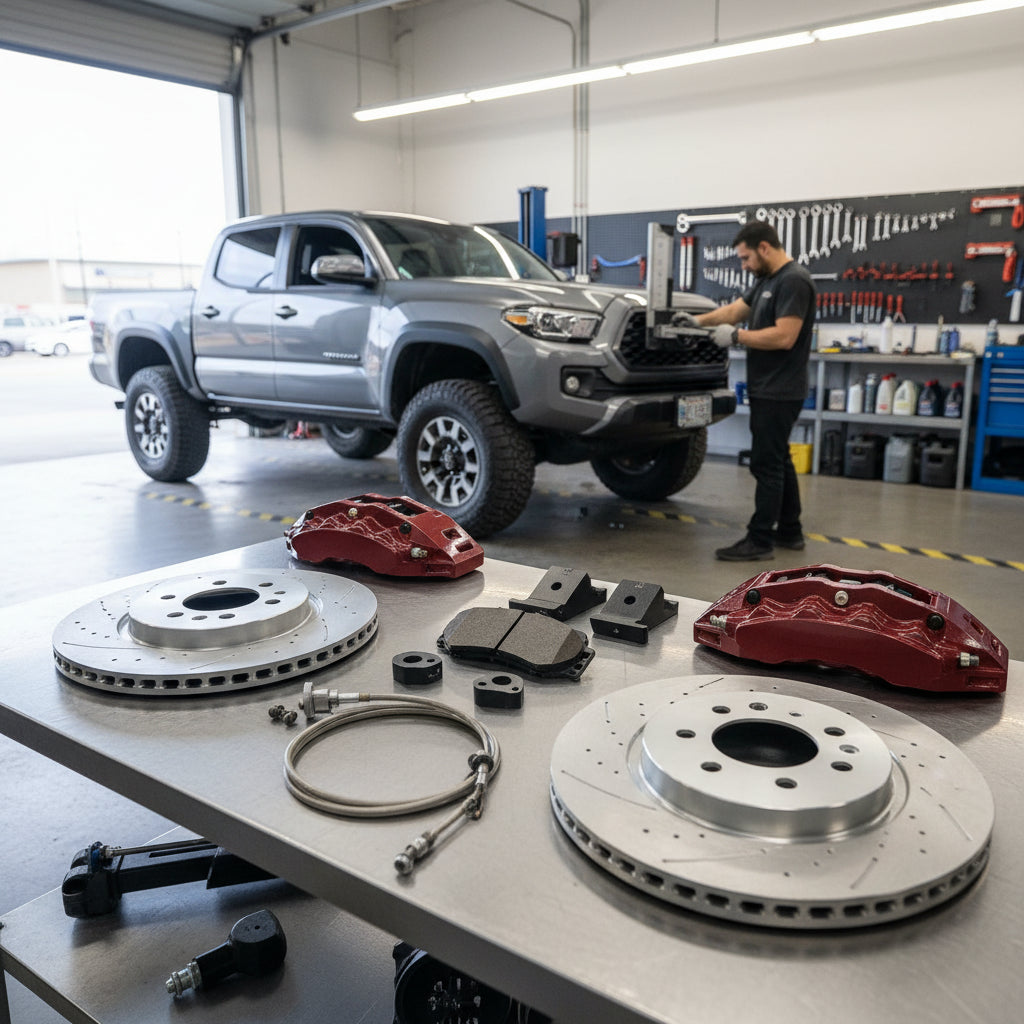 A high-performance Toyota Big Brake Kit featuring carbon ceramic rotors and multi-piston calipers installed on a performance