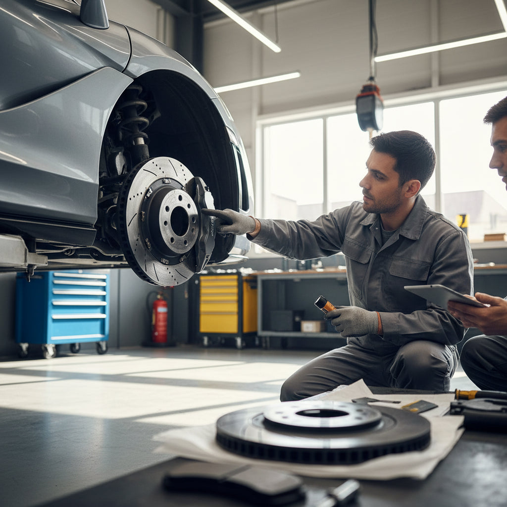 A high-performance carbon ceramic brake rotor assembly installed on a McLaren 720S showing the ventilated disc and multi-pist