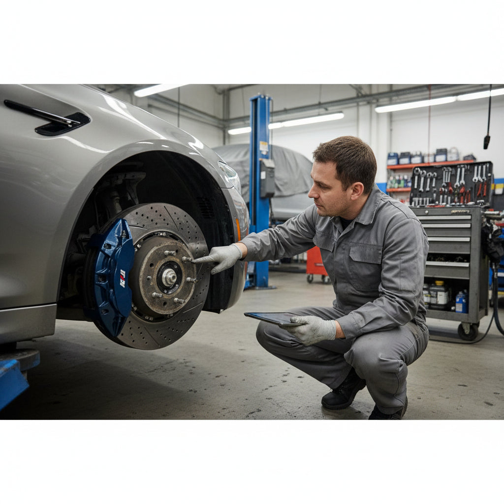 A BMW F90 M5 carbon ceramic brake rotor showing the gold caliper and the detailed surface structure of the disc