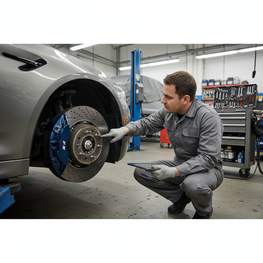 A BMW F90 M5 carbon ceramic brake rotor showing the gold caliper and the detailed surface structure of the disc