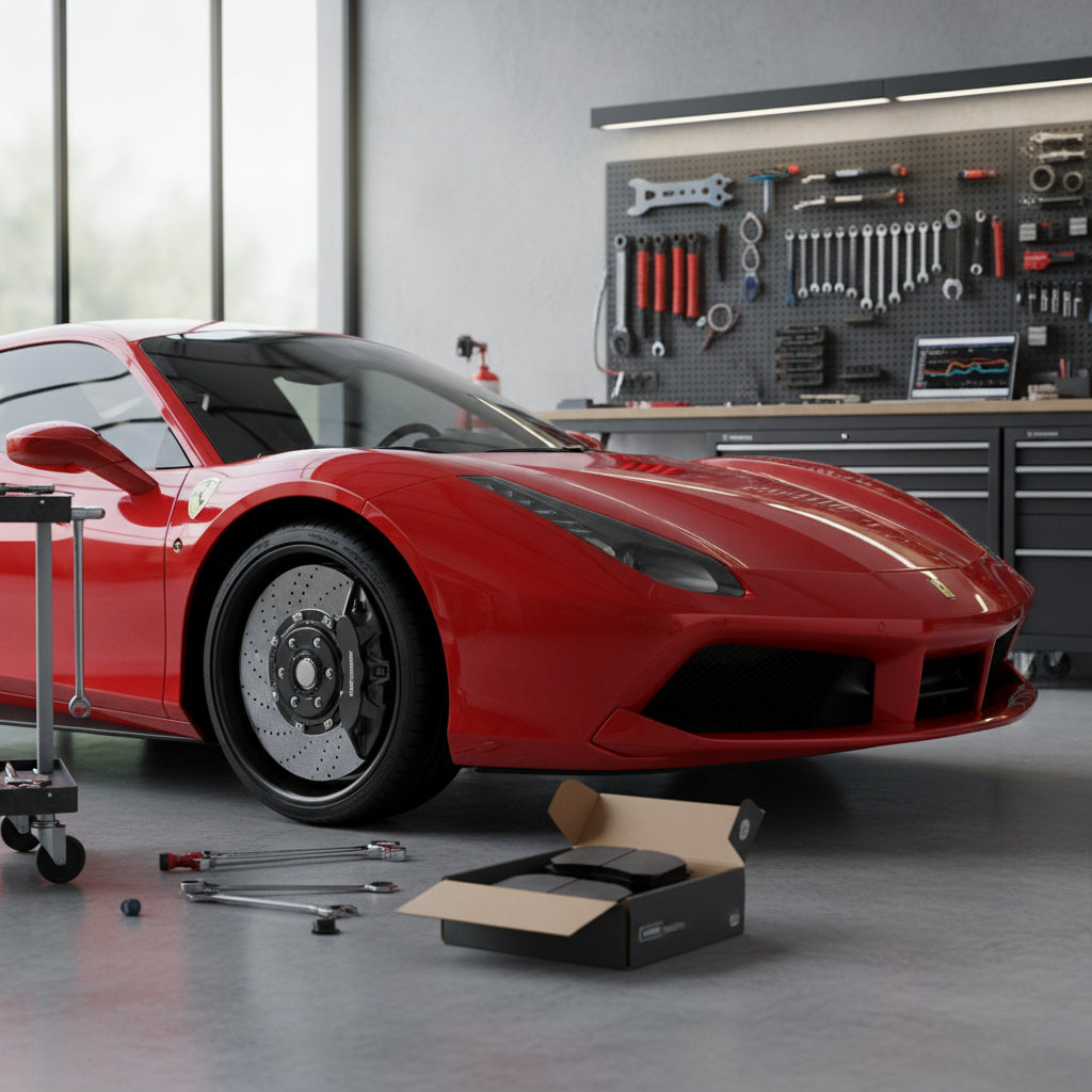 A close-up view of a Ferrari carbon ceramic brake rotor and yellow Brembo caliper on a 488 GTB model