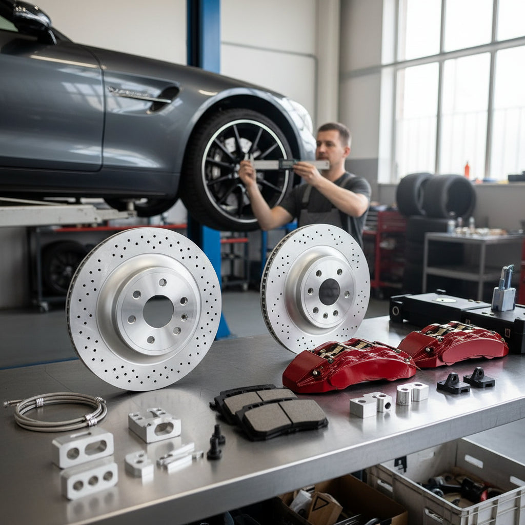 A high-performance Mercedes AMG Big Brake Kit featuring multi-piston calipers and oversized carbon ceramic rotors for maximum