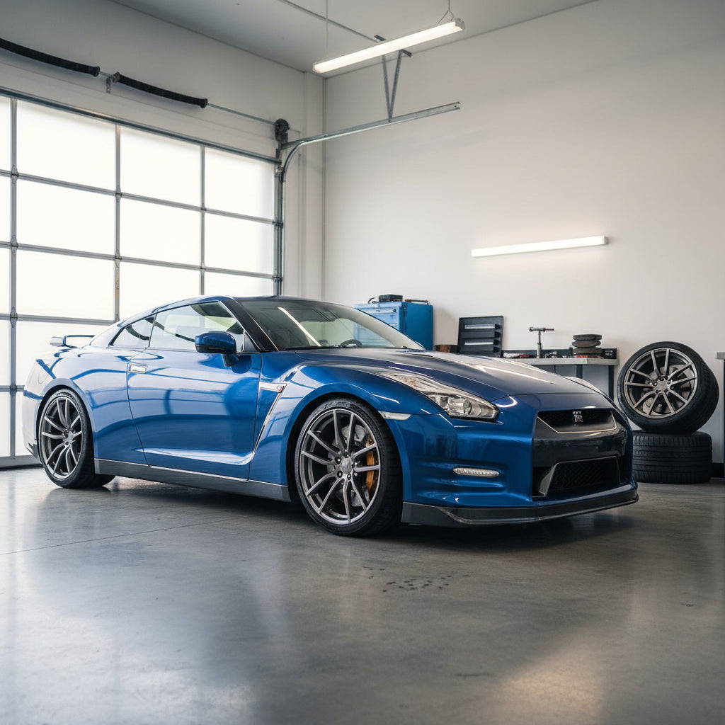 A high-performance Nissan GT-R R35 equipped with a carbon ceramic brake conversion kit and multi-piston calipers
