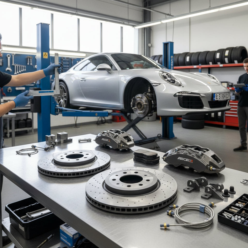 A Porsche 991 Turbo S yellow PCCB caliper paired with a high-performance iron rotor for track use